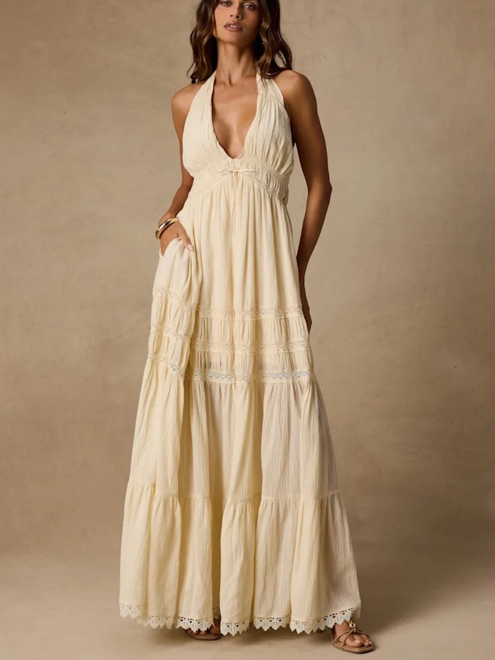 Lulus Halter Cream Maxi Dress